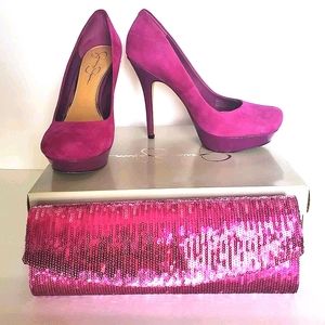 Jessica Simpson Suede Heels & Sequin Clutch